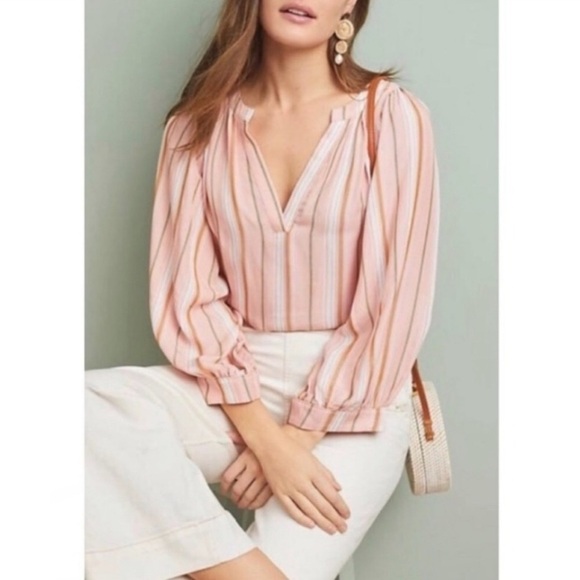 Anthropologie Maeve Brenda Striped Balloon Sleeve Blouse Small - Picture 1 of 8